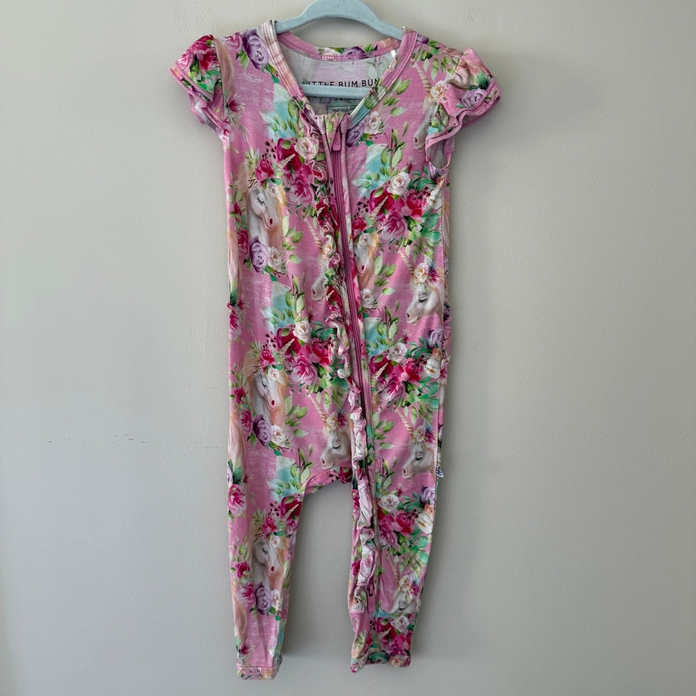 Little Bum Bums Pink Unicorn Floral Bamboo Viscose Ruffle Zippy Romper 12-18M